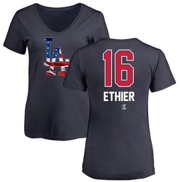 Women's Los Angeles Dodgers Andre Ethier ＃16 Name and Number Banner Wave V-Neck T-Shirt - Navy