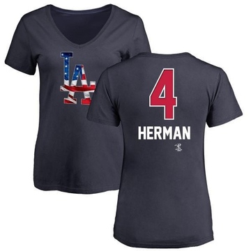 Women's Los Angeles Dodgers Babe Herman ＃4 Name and Number Banner Wave V-Neck T-Shirt - Navy