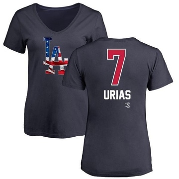 Women's Los Angeles Dodgers Julio Urias ＃7 Name and Number Banner Wave V-Neck T-Shirt - Navy