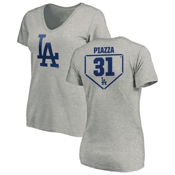 Women's Los Angeles Dodgers Mike Piazza ＃31 RBI Slim Fit V-Neck T-Shirt Heathered - Gray