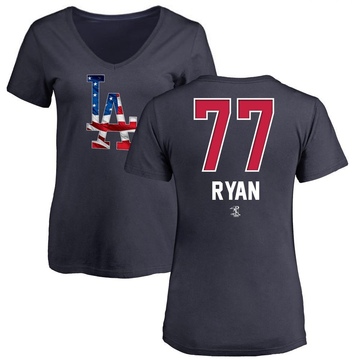 Women's Los Angeles Dodgers River Ryan ＃77 Name and Number Banner Wave V-Neck T-Shirt - Navy