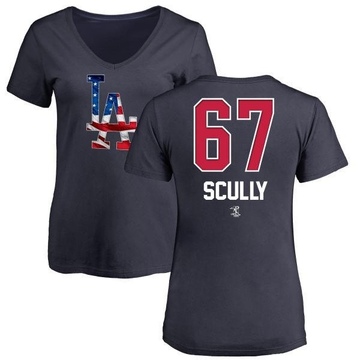 Women's Los Angeles Dodgers Vin Scully ＃67 Name and Number Banner Wave V-Neck T-Shirt - Navy