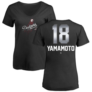 Women's Los Angeles Dodgers Yoshinobu Yamamoto ＃18 Midnight Mascot V-Neck T-Shirt - Black