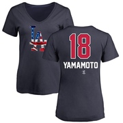 Women's Los Angeles Dodgers Yoshinobu Yamamoto ＃18 Name and Number Banner Wave V-Neck T-Shirt - Navy