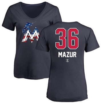 Women's Miami Marlins Adam Mazur ＃36 Name and Number Banner Wave V-Neck T-Shirt - Navy