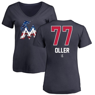 Women's Miami Marlins Adam Oller ＃77 Name and Number Banner Wave V-Neck T-Shirt - Navy