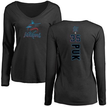 Women's Miami Marlins A.J. Puk ＃35 Backer Slim Fit Long Sleeve T-Shirt - Black