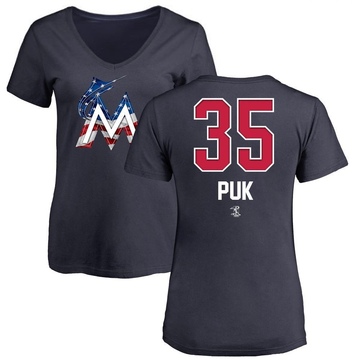 Women's Miami Marlins A.J. Puk ＃35 Name and Number Banner Wave V-Neck T-Shirt - Navy