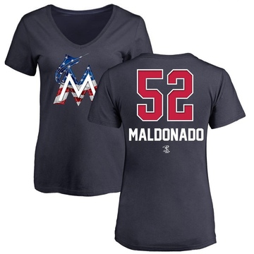 Women's Miami Marlins Anthony Maldonado ＃52 Name and Number Banner Wave V-Neck T-Shirt - Navy