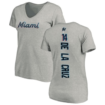 Women's Miami Marlins Bryan De La Cruz ＃14 Backer Slim Fit T-Shirt Ash