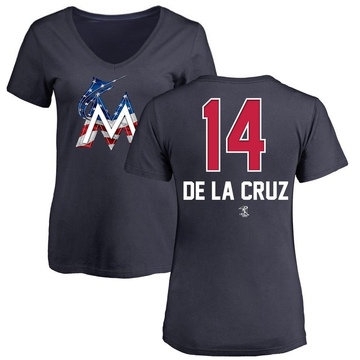 Women's Miami Marlins Bryan De La Cruz ＃14 Name and Number Banner Wave V-Neck T-Shirt - Navy