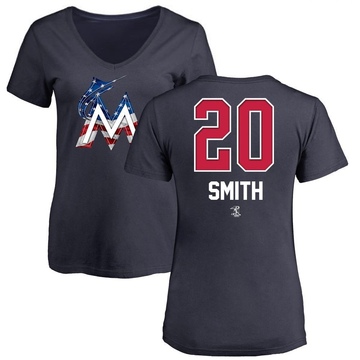 Women's Miami Marlins Burch Smith ＃20 Name and Number Banner Wave V-Neck T-Shirt - Navy