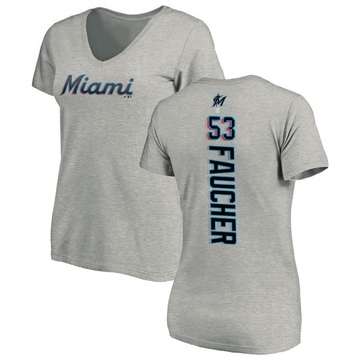 Women's Miami Marlins Calvin Faucher ＃53 Backer Slim Fit T-Shirt Ash