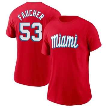 Women's Miami Marlins Calvin Faucher ＃53 City Connect Name & Number T-Shirt - Red