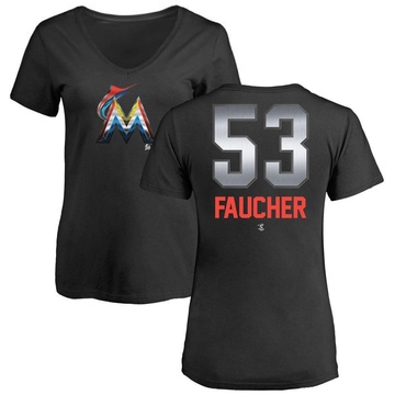 Women's Miami Marlins Calvin Faucher ＃53 Midnight Mascot V-Neck T-Shirt - Black