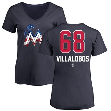 Women's Miami Marlins Eli Villalobos ＃68 Name and Number Banner Wave V-Neck T-Shirt - Navy