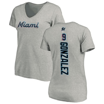 Women's Miami Marlins Erik Gonzalez ＃9 Backer Slim Fit T-Shirt Ash