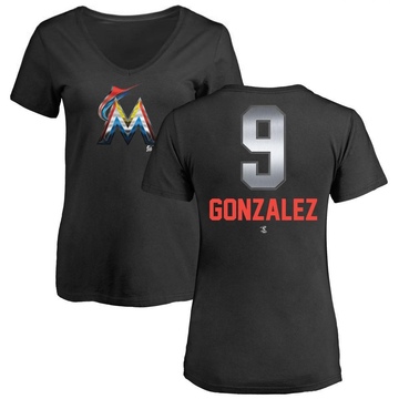 Women's Miami Marlins Erik Gonzalez ＃9 Midnight Mascot V-Neck T-Shirt - Black