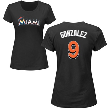 Women's Miami Marlins Erik Gonzalez ＃9 Roster Name & Number T-Shirt - Black