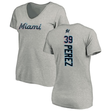 Women's Miami Marlins Eury Perez ＃39 Backer Slim Fit T-Shirt Ash