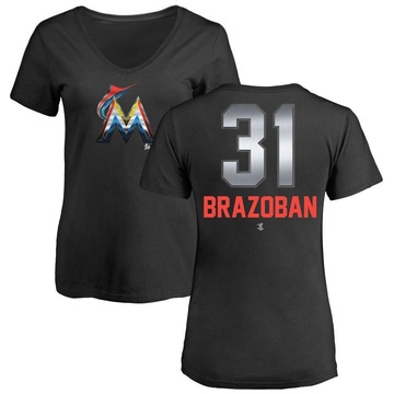 Women's Miami Marlins Huascar Brazoban ＃31 Midnight Mascot V-Neck T-Shirt - Black