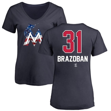 Women's Miami Marlins Huascar Brazoban ＃31 Name and Number Banner Wave V-Neck T-Shirt - Navy