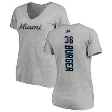 Women's Miami Marlins Jake Burger ＃36 Backer Slim Fit T-Shirt Ash