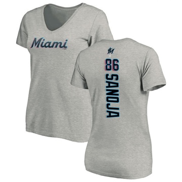 Women's Miami Marlins Javier Sanoja ＃86 Backer Slim Fit T-Shirt Ash