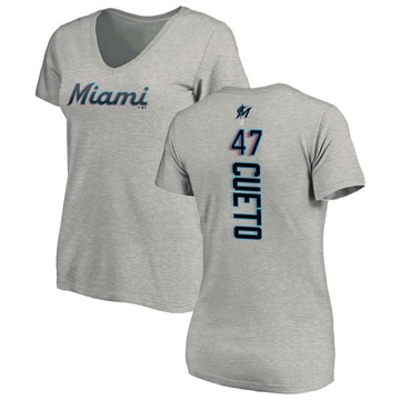 Women's Miami Marlins Johnny Cueto ＃47 Backer Slim Fit T-Shirt Ash