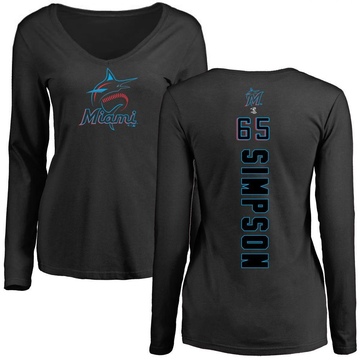 Women's Miami Marlins Josh Simpson ＃65 Backer Slim Fit Long Sleeve T-Shirt - Black