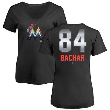 Women's Miami Marlins Lake Bachar ＃84 Midnight Mascot V-Neck T-Shirt - Black