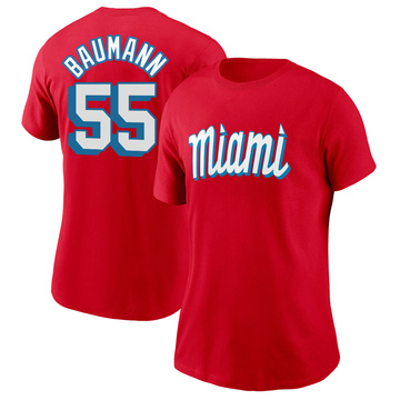 Women's Miami Marlins Mike Baumann ＃55 City Connect Name & Number T-Shirt - Red