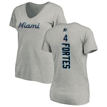 Women's Miami Marlins Nick Fortes ＃4 Backer Slim Fit T-Shirt Ash