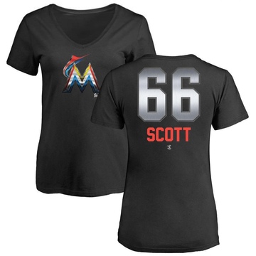 Women's Miami Marlins Tanner Scott ＃66 Midnight Mascot V-Neck T-Shirt - Black