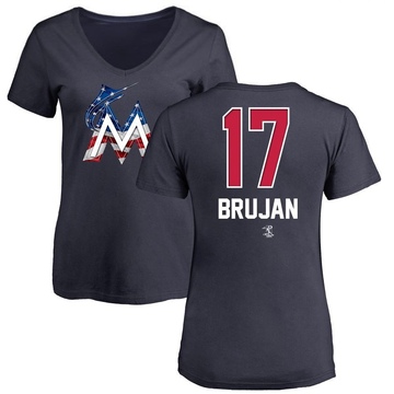 Women's Miami Marlins Vidal Brujan ＃17 Name and Number Banner Wave V-Neck T-Shirt - Navy