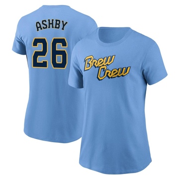 Women's Milwaukee Brewers Aaron Ashby ＃26 Powder 2022 City Connect Name & Number T-Shirt - Blue