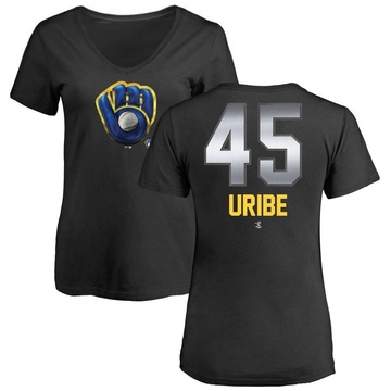 Women's Milwaukee Brewers Abner Uribe ＃45 Midnight Mascot V-Neck T-Shirt - Black