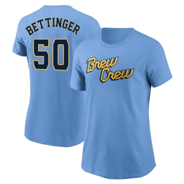 Women's Milwaukee Brewers Alec Bettinger ＃50 Powder 2022 City Connect Name & Number T-Shirt - Blue