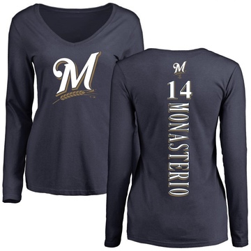 Women's Milwaukee Brewers Andruw Monasterio ＃14 Backer Slim Fit Long Sleeve T-Shirt - Navy