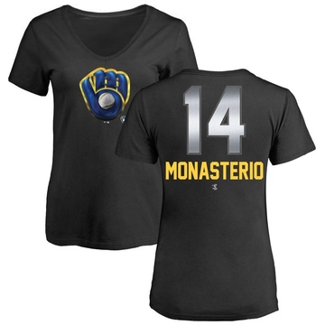 Women's Milwaukee Brewers Andruw Monasterio ＃14 Midnight Mascot V-Neck T-Shirt - Black