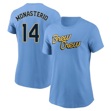 Women's Milwaukee Brewers Andruw Monasterio ＃14 Powder 2022 City Connect Name & Number T-Shirt - Blue