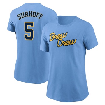 Women's Milwaukee Brewers Bj Surhoff ＃5 Powder 2022 City Connect Name & Number T-Shirt - Blue