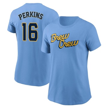 Women's Milwaukee Brewers Blake Perkins ＃16 Powder 2022 City Connect Name & Number T-Shirt - Blue