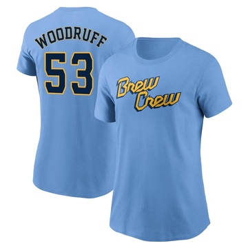 Women's Milwaukee Brewers Brandon Woodruff ＃53 Powder 2022 City Connect Name & Number T-Shirt - Blue