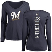 Women's Milwaukee Brewers Brewer Hicklen ＃28 Backer Slim Fit Long Sleeve T-Shirt - Navy