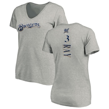 Women's Milwaukee Brewers Corey Ray ＃3 Backer Slim Fit T-Shirt Ash