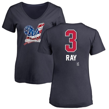 Women's Milwaukee Brewers Corey Ray ＃3 Name and Number Banner Wave V-Neck T-Shirt - Navy