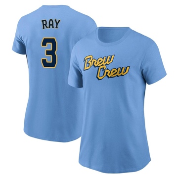 Women's Milwaukee Brewers Corey Ray ＃3 Powder 2022 City Connect Name & Number T-Shirt - Blue