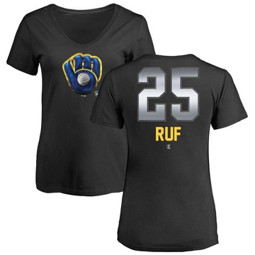 Women's Milwaukee Brewers Darin Ruf ＃25 Midnight Mascot V-Neck T-Shirt - Black