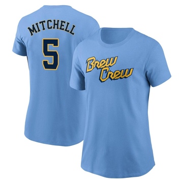 Women's Milwaukee Brewers Garrett Mitchell ＃5 Powder 2022 City Connect Name & Number T-Shirt - Blue